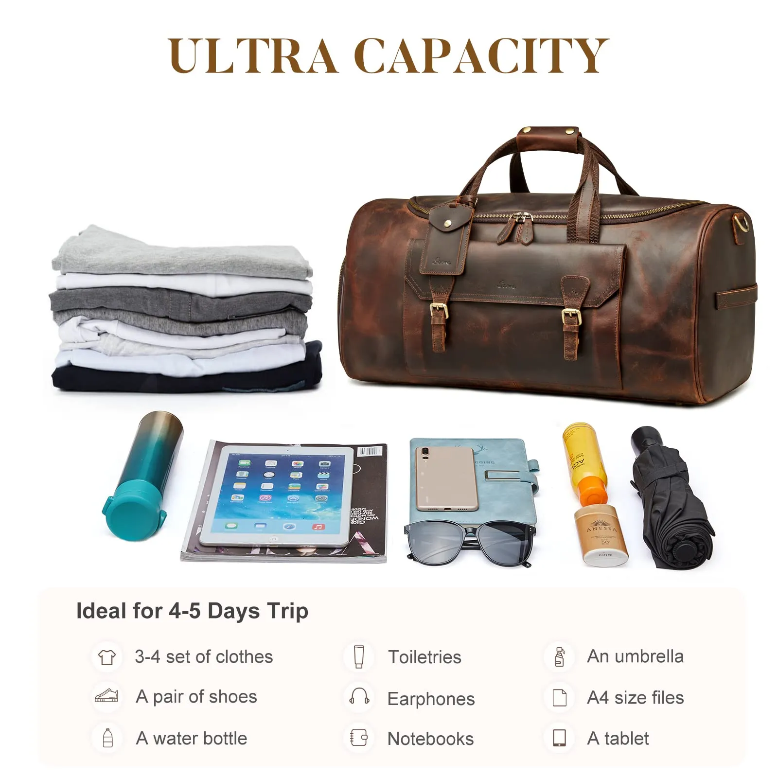 S-ZONE 50L Genuine Leather Duffel Bags For Traveling