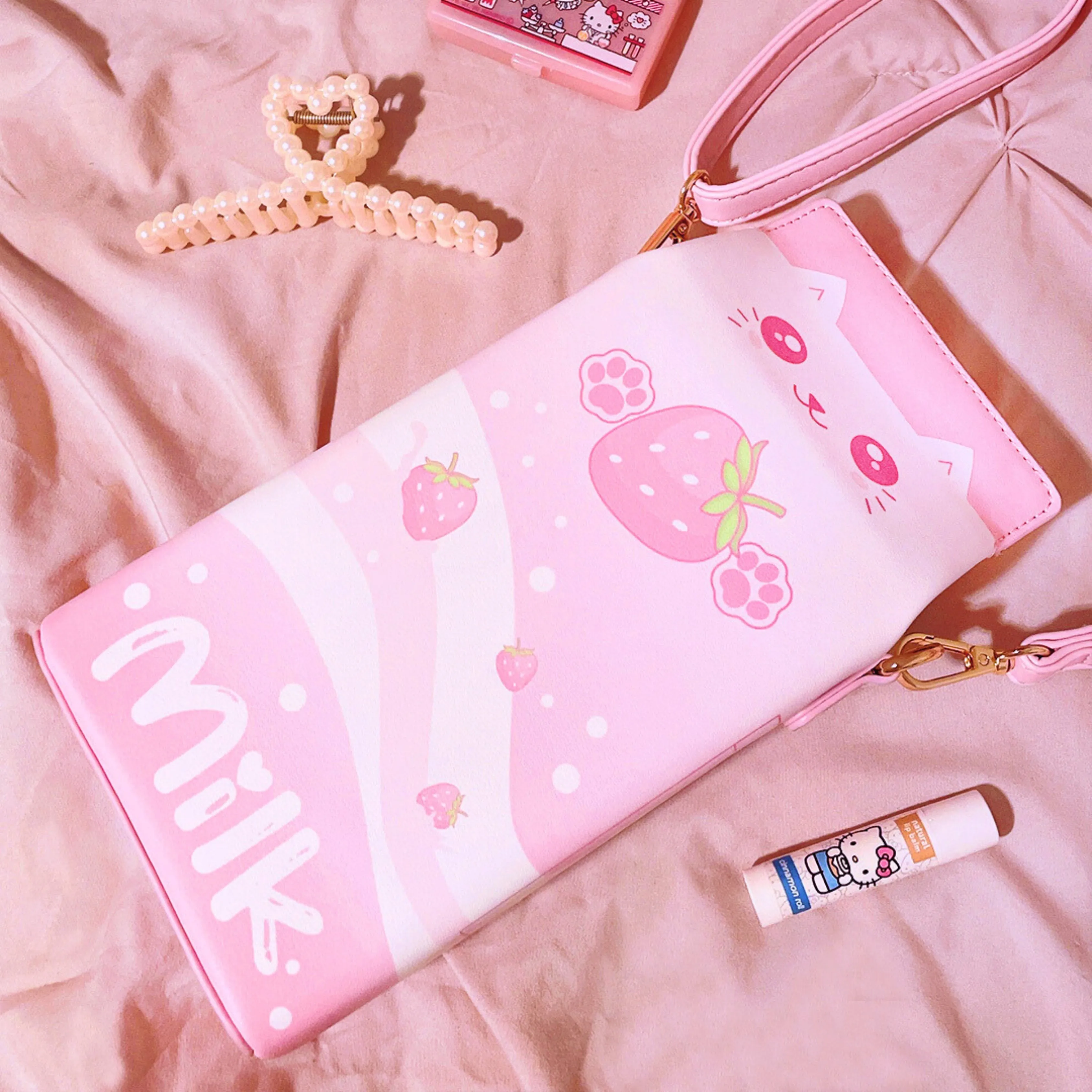 Strawberry Milk Cat Purse | Pink Kawaii Anime Crossbody Bag